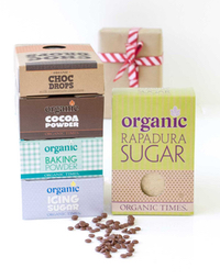 Organic Times Chocolate Drops, Cocoa Powder, Baking Powder, Icing Sugar, Rapadura Sugar